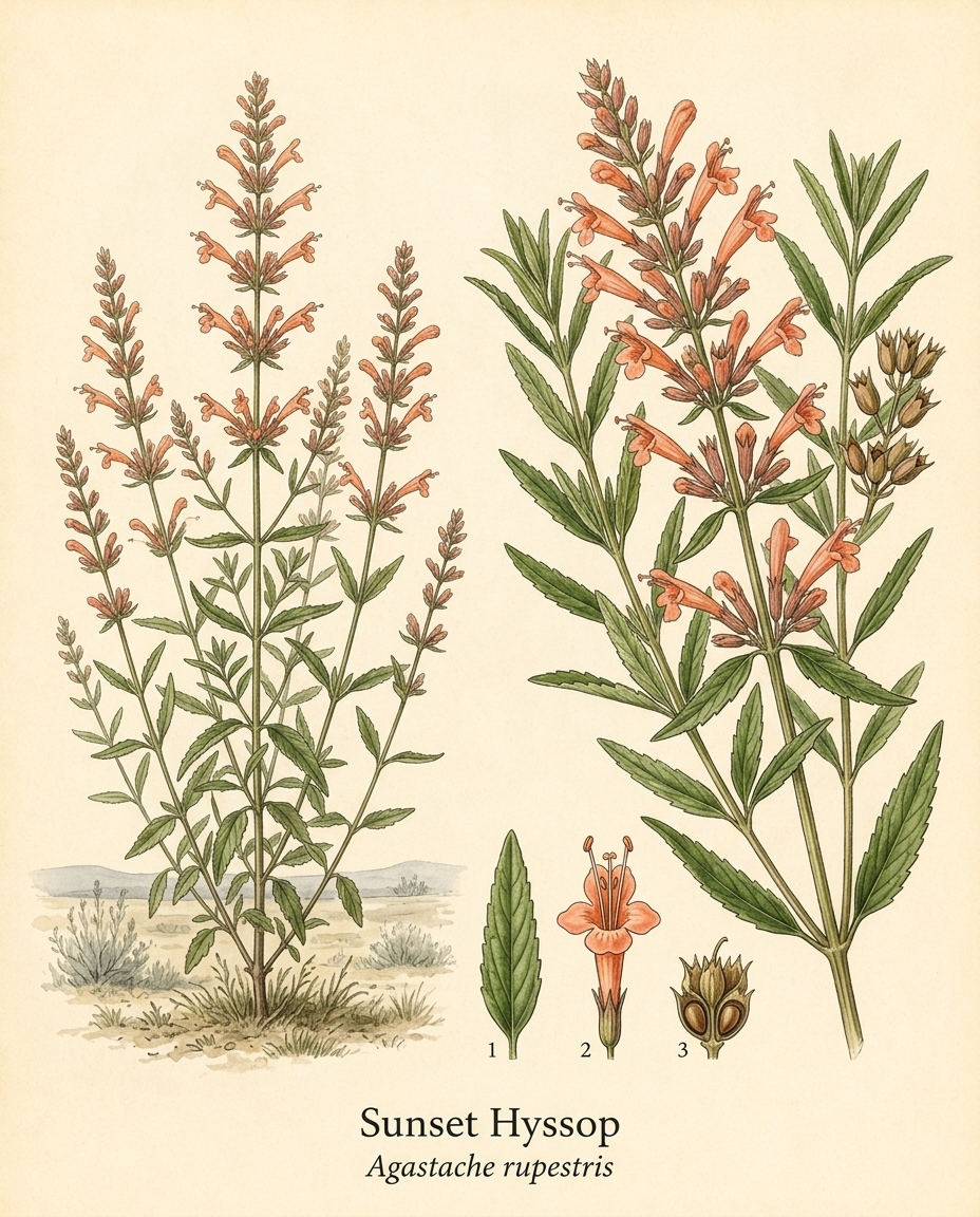 Botanical illustration of Sunset Hyssop (Agastache rupestris) — a deciduous perennial for USDA zones 4–9