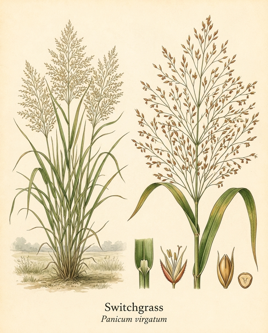 Botanical illustration of Switchgrass (Panicum virgatum) — a deciduous grass for USDA zones 4–9