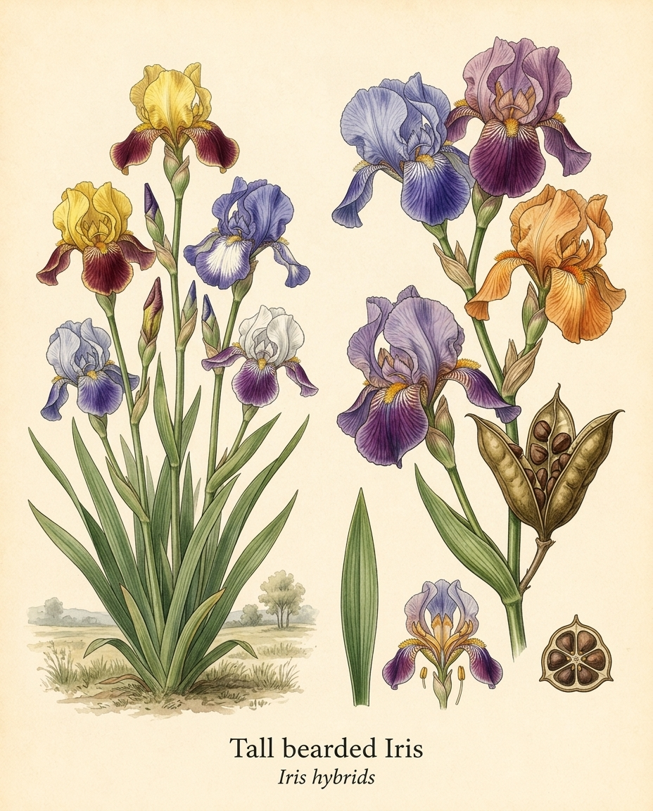 Botanical illustration of Tall bearded Iris (Iris hybrids) — a deciduous perennial for USDA zones 3–8