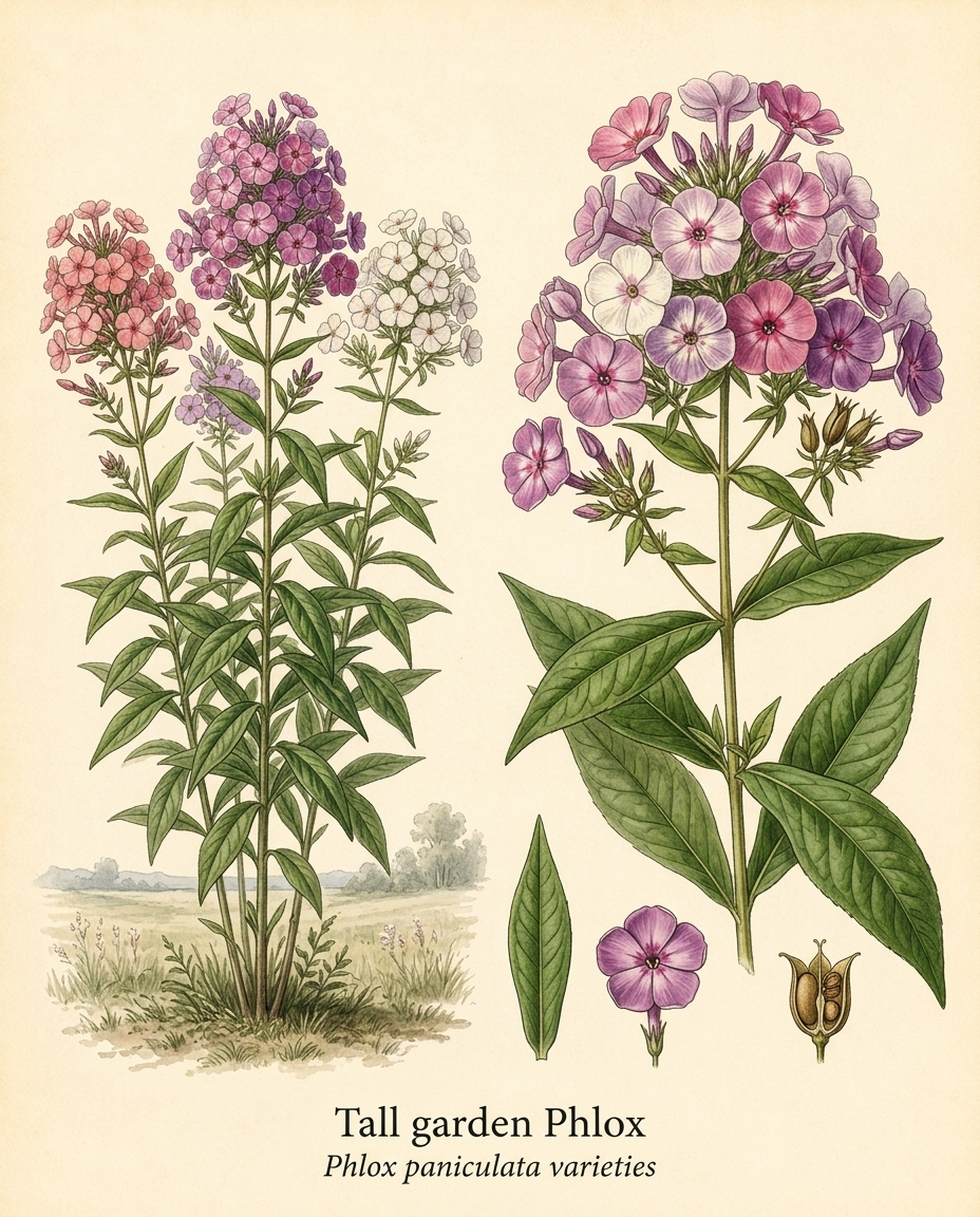 Botanical illustration of Tall garden Phlox (Phlox paniculata varieties) — a deciduous perennial for USDA zones 3–8
