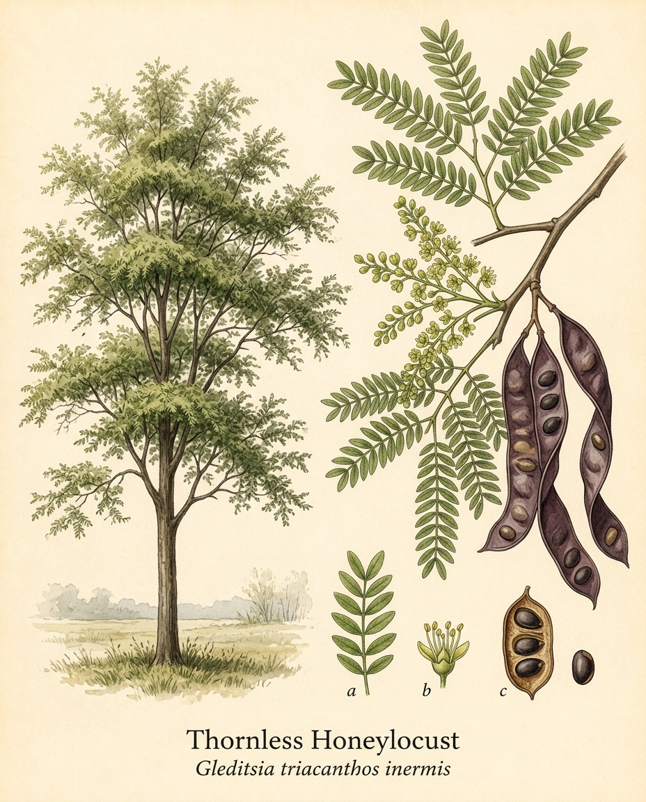 Botanical illustration of Thornless Honeylocust (Gleditsia triacanthos inermis) — a deciduous tree for USDA zones 3–9
