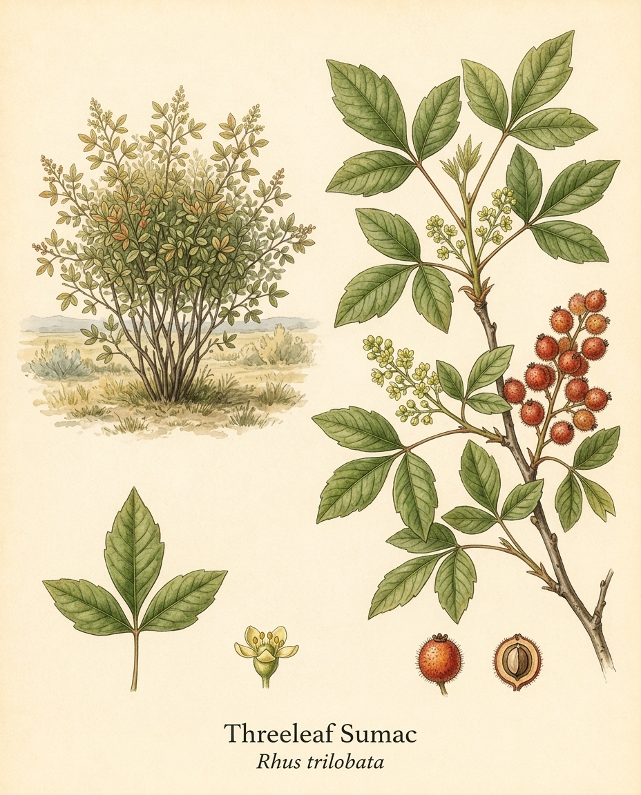 Botanical illustration of Threeleaf Sumac (Rhus trilobata) — a deciduous shrub for USDA zones 4–8