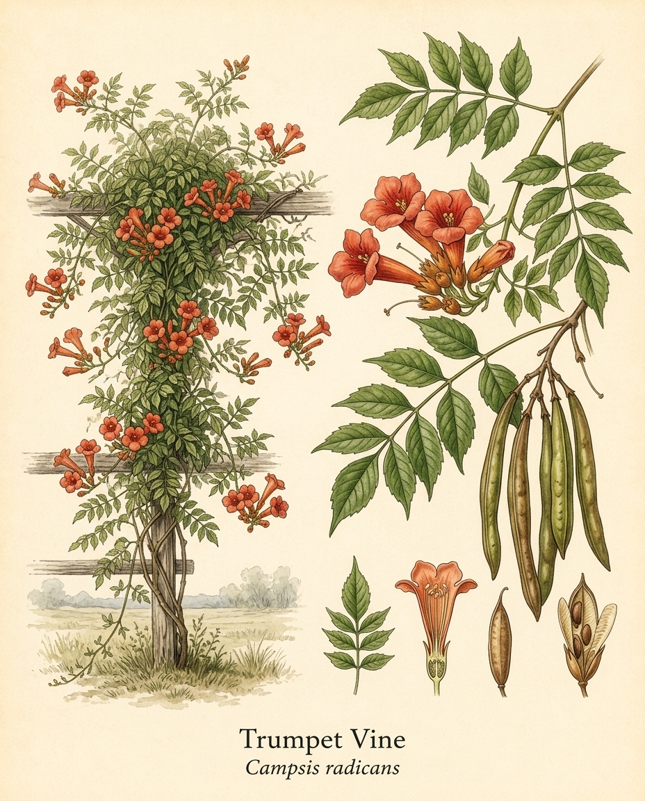 Botanical illustration of Trumpet Vine (Campsis radicans) — a deciduous vine for USDA zones 4–9