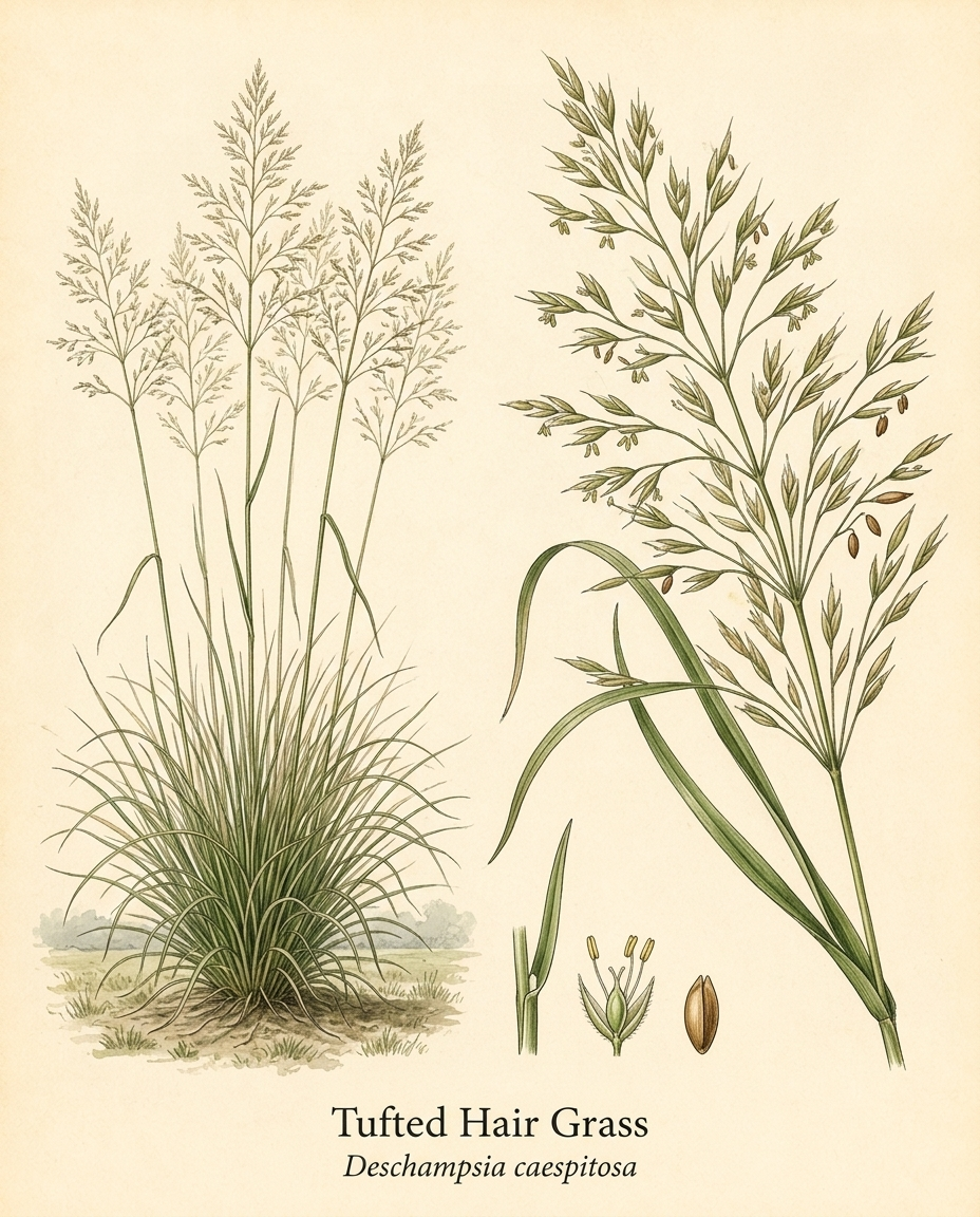 Botanical illustration of Tufted Hair Grass (Deschampsia caespitosa) — a deciduous grass for USDA zones 4–9