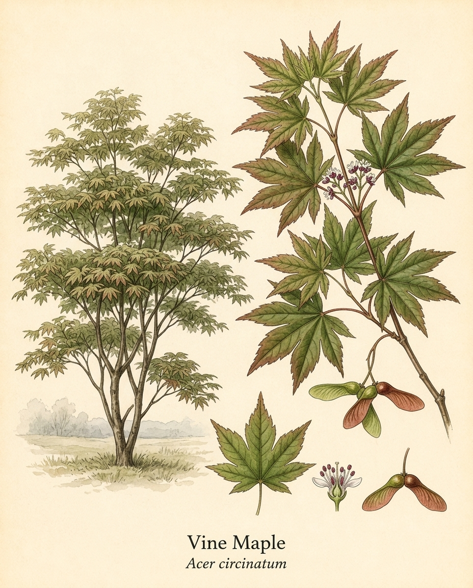 Botanical illustration of Vine Maple (Acer circinatum) — a deciduous shrub for USDA zones 5–9