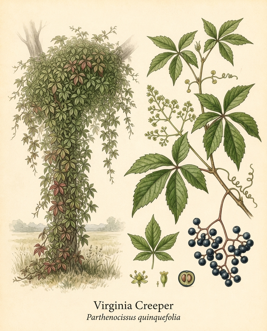 Botanical illustration of Virginia Creeper (Parthenocissus quinquefolia) — a deciduous vine for USDA zones 3–9