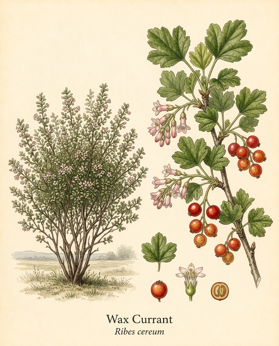 Botanical illustration of Wax Currant (Ribes cereum) — a deciduous shrub for USDA zones 4–8