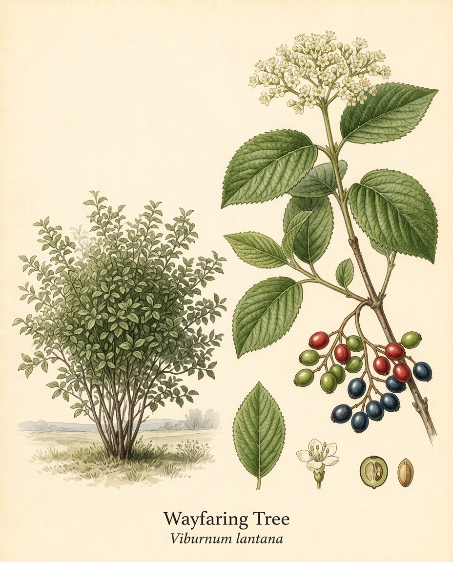 Botanical illustration of Wayfaring Tree (Viburnum lantana) — a deciduous shrub for USDA zones 4–8