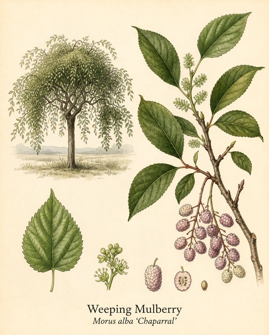Botanical illustration of Weeping Mulberry (Morus alba 'Chaparral') — a deciduous tree for USDA zones 4–8