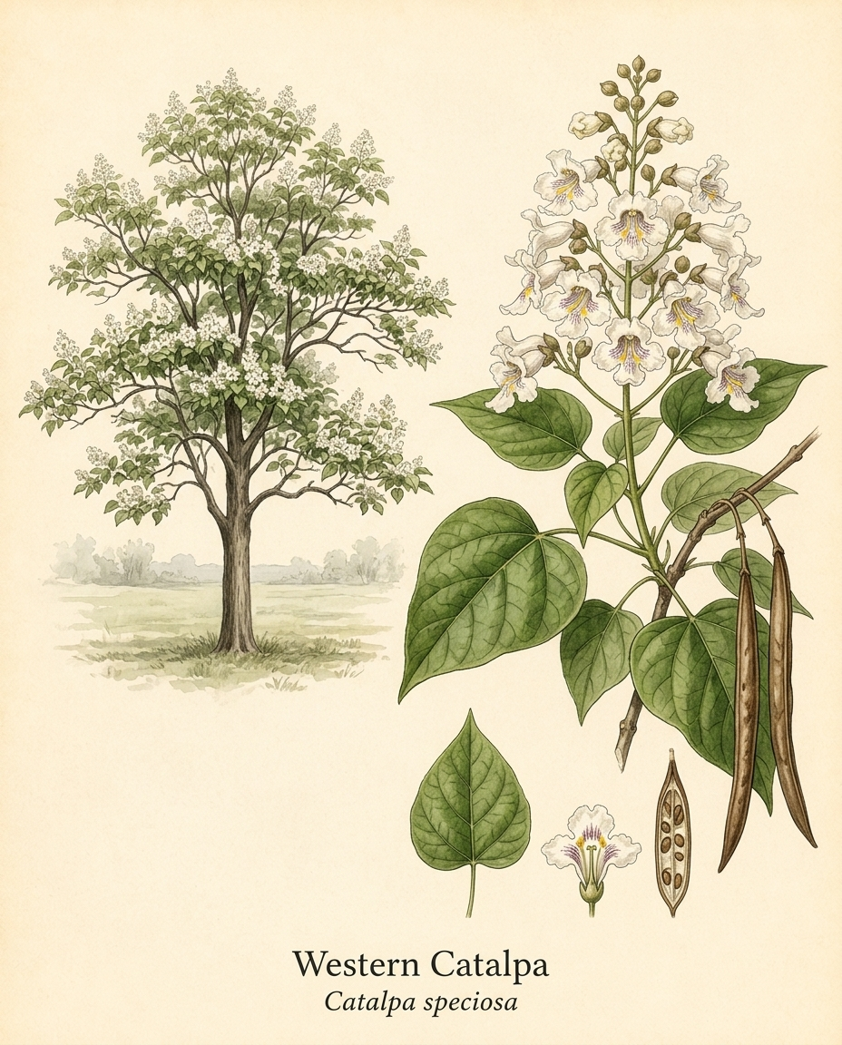 Botanical illustration of Western Catalpa (Catalpa speciosa) — a deciduous tree for USDA zones 4–8