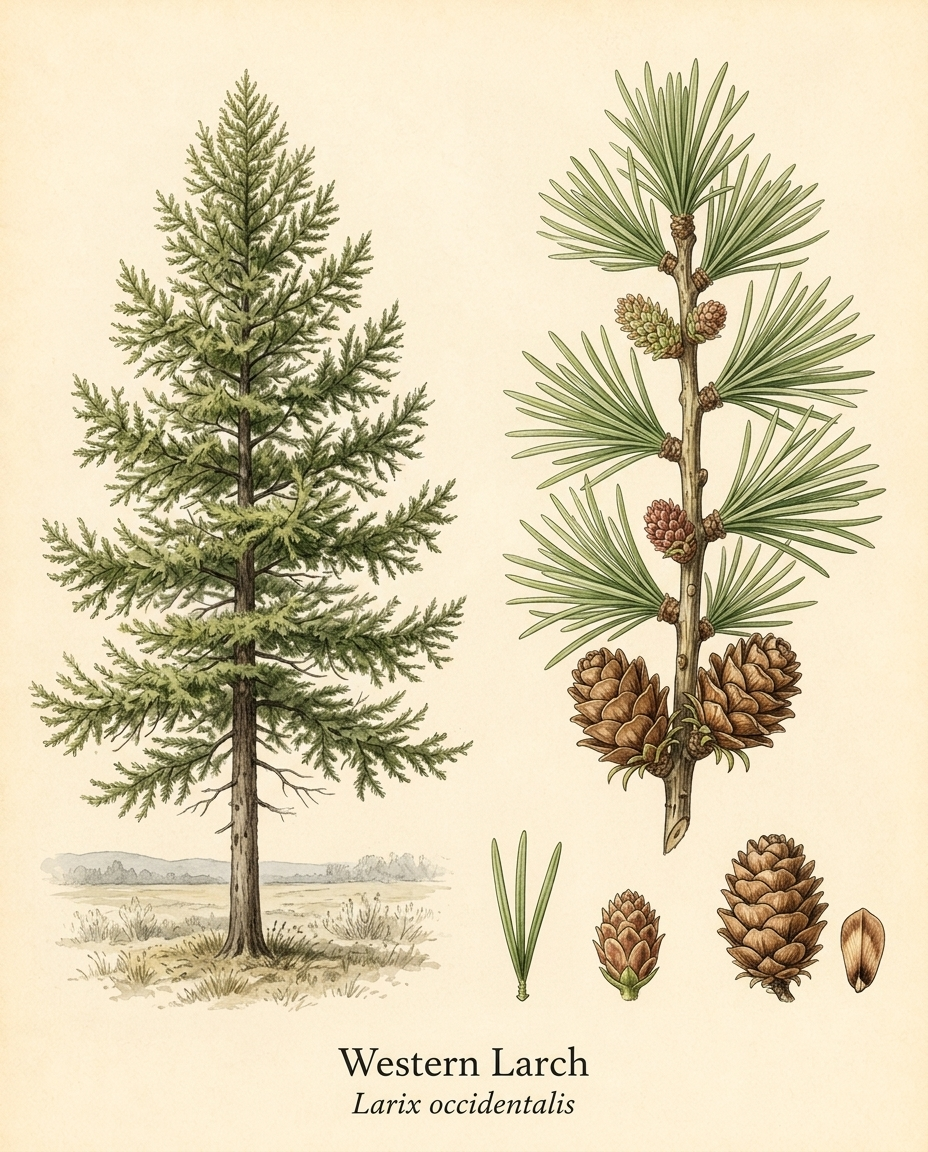 Botanical illustration of Western Larch (Larix occidentalis) — a evergreen shrub for USDA zones 4–7