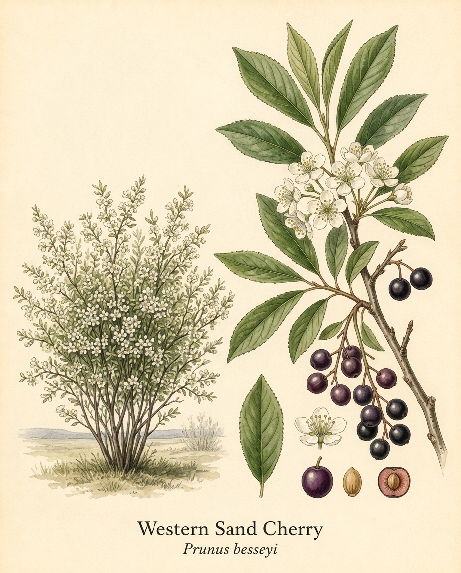 Botanical illustration of Western Sand Cherry (Prunus besseyi) — a deciduous shrub for USDA zones 3–7