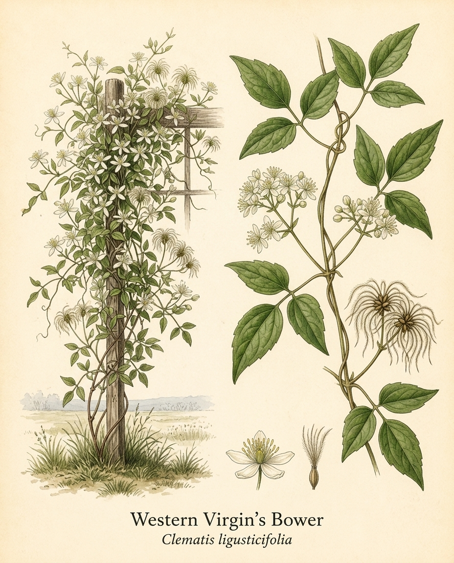 Botanical illustration of Western Virgin's Bower (Clematis ligusticifolia) — a deciduous vine for USDA zones 4–8
