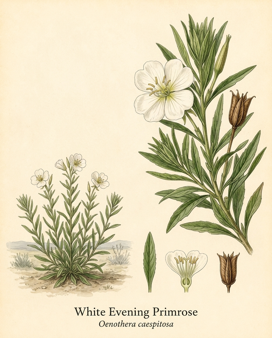 Botanical illustration of White Evening Primrose (Oenothera caespitosa) — a deciduous perennial for USDA zones 4–8