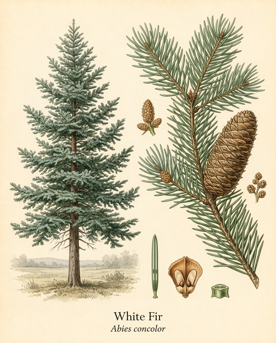 Botanical illustration of White Fir (Abies concolor) — a evergreen shrub for USDA zones 3–7