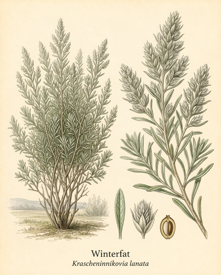 Botanical illustration of Winterfat (Krascheninnikovia lanata) — a evergreen shrub for USDA zones 3–8