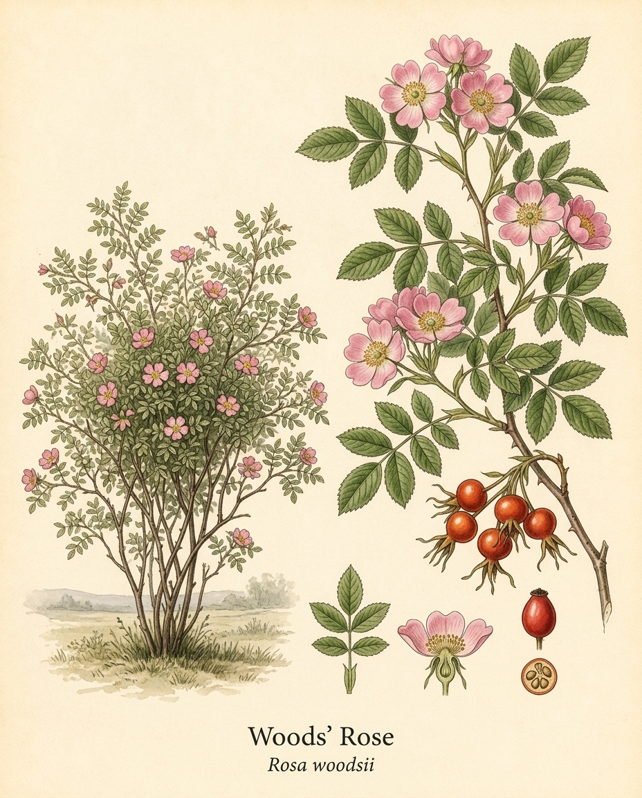 Botanical illustration of Woods' Rose (Rosa woodsii) — a deciduous shrub for USDA zones 3–8