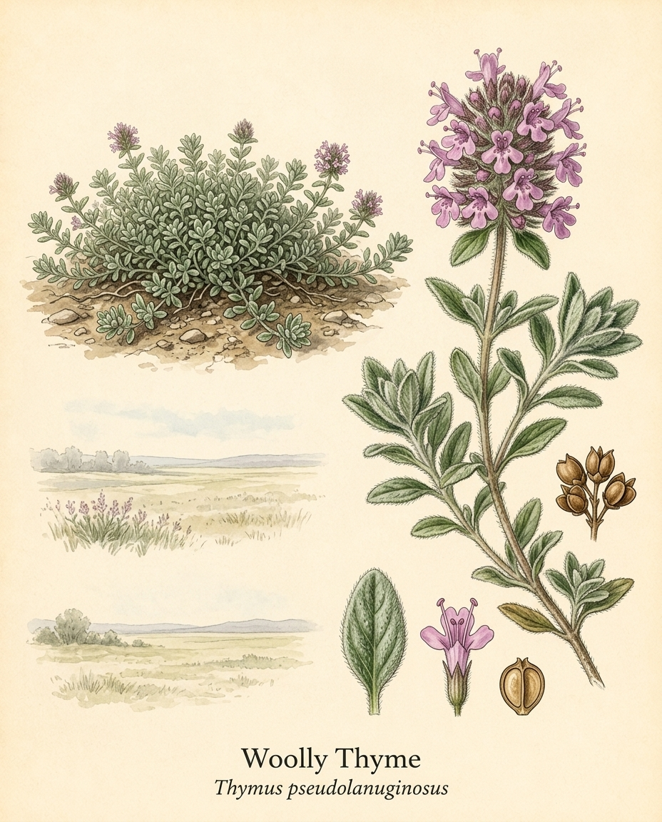 Botanical illustration of Woolly Thyme (Thymus pseudolanuginosus) — a deciduous groundcover for USDA zones 3–8