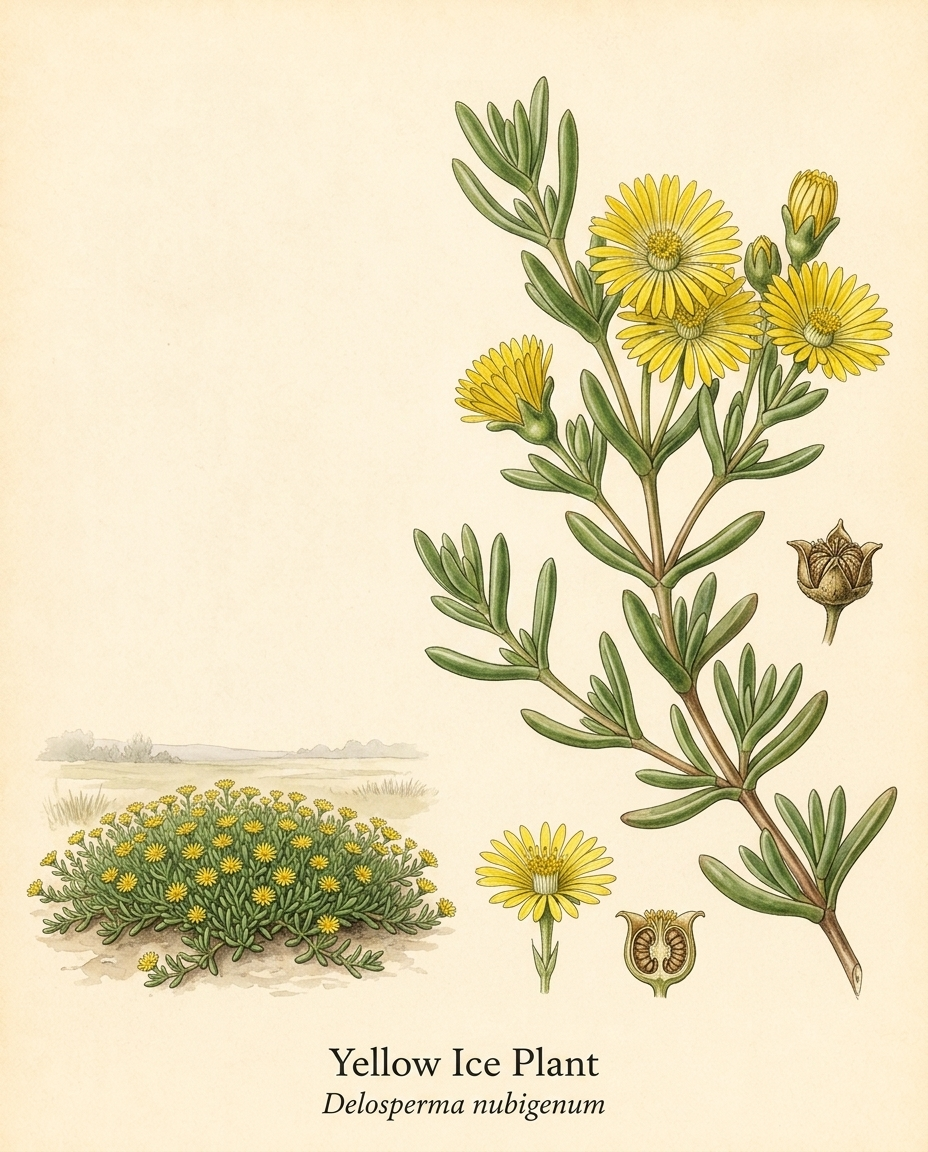 Botanical illustration of Yellow Ice Plant (Delosperma nubigenum) — a evergreen groundcover for USDA zones 4–9
